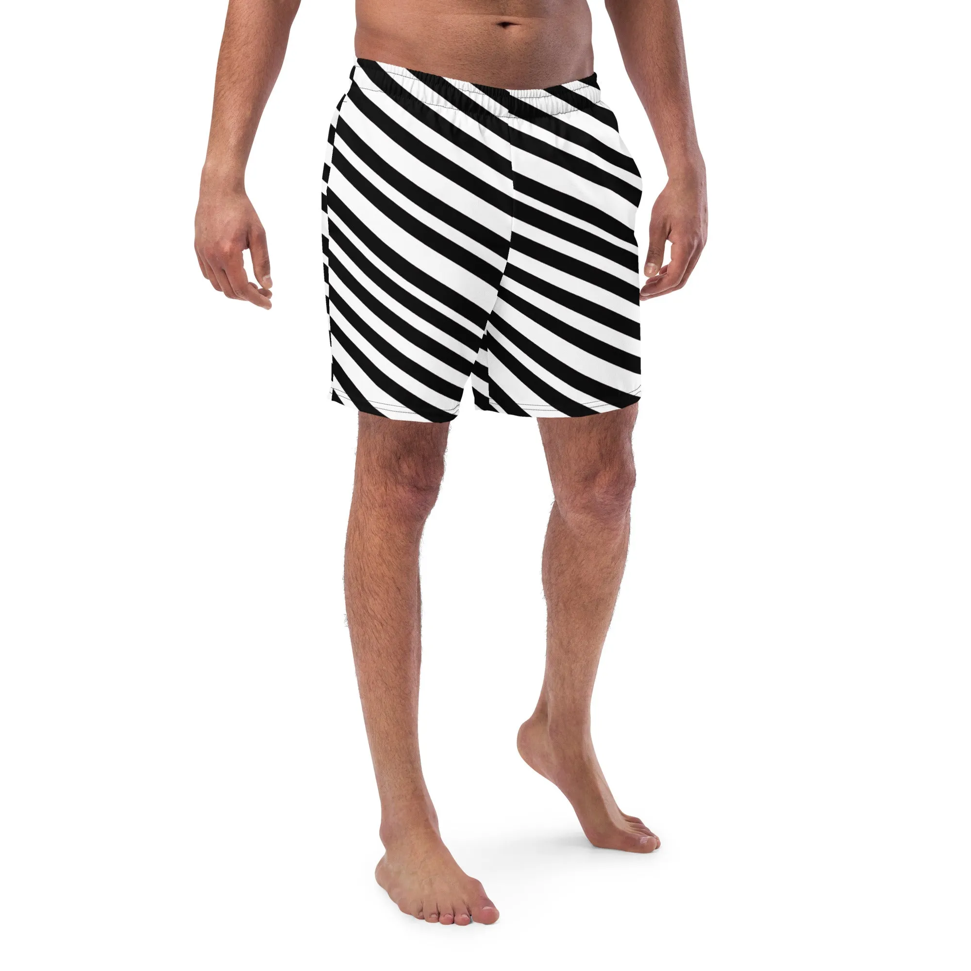 Black White Striped Men's Swimwear, Best Designer Premium Luxury Men's Swim Trunks - Made in USA/EU/MX (US Size: 2XS-6XL)