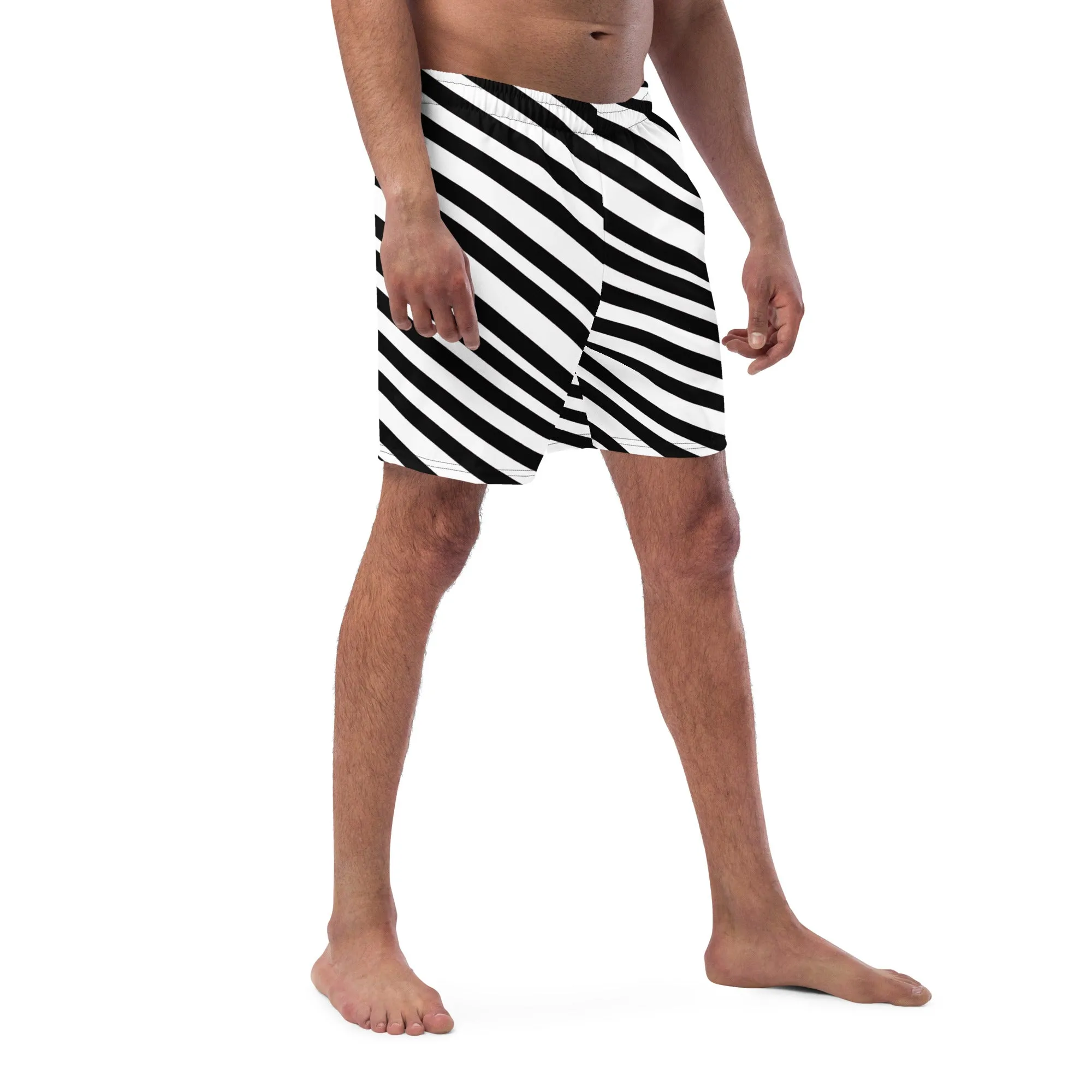Black White Striped Men's Swimwear, Best Designer Premium Luxury Men's Swim Trunks - Made in USA/EU/MX (US Size: 2XS-6XL)