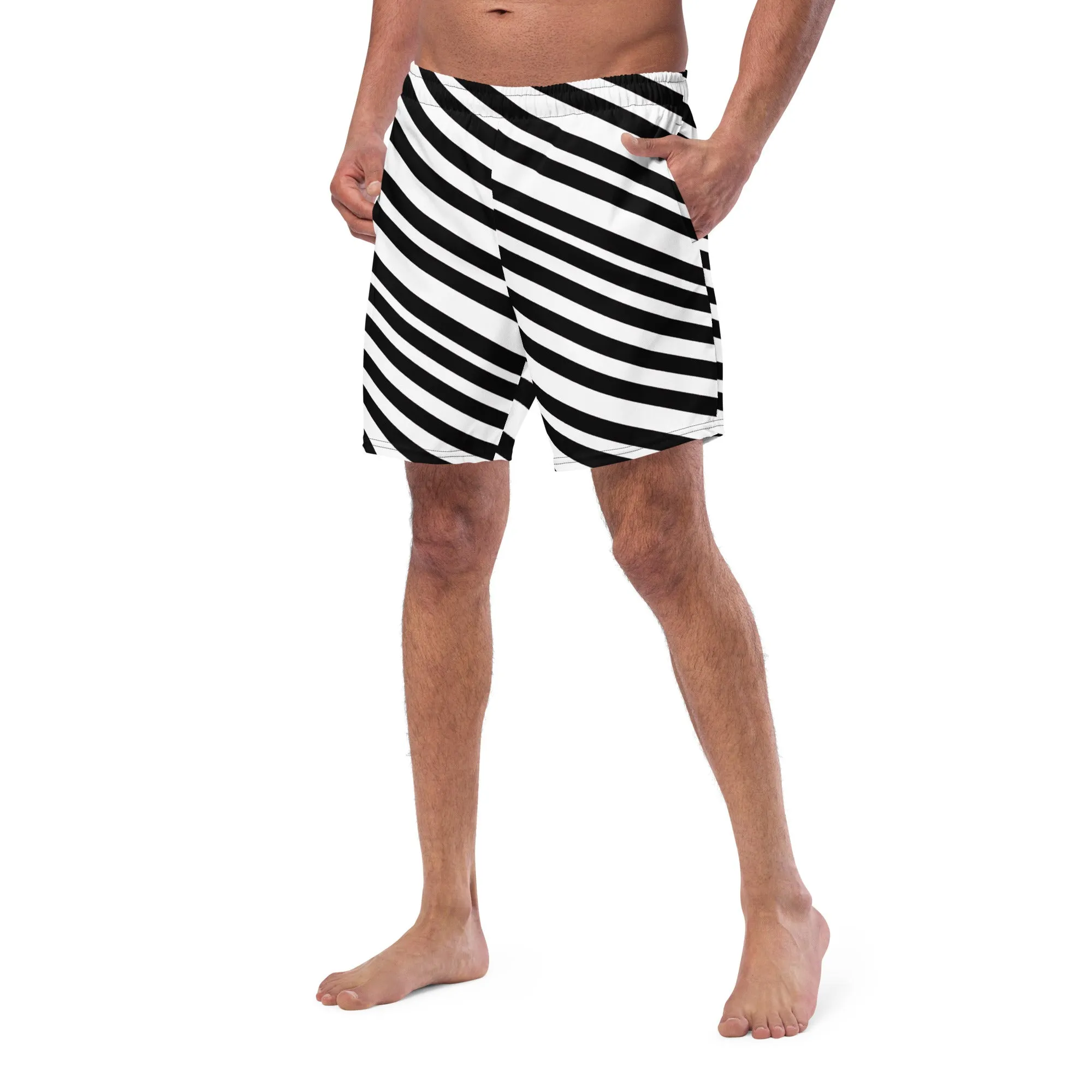 Black White Striped Men's Swimwear, Best Designer Premium Luxury Men's Swim Trunks - Made in USA/EU/MX (US Size: 2XS-6XL)