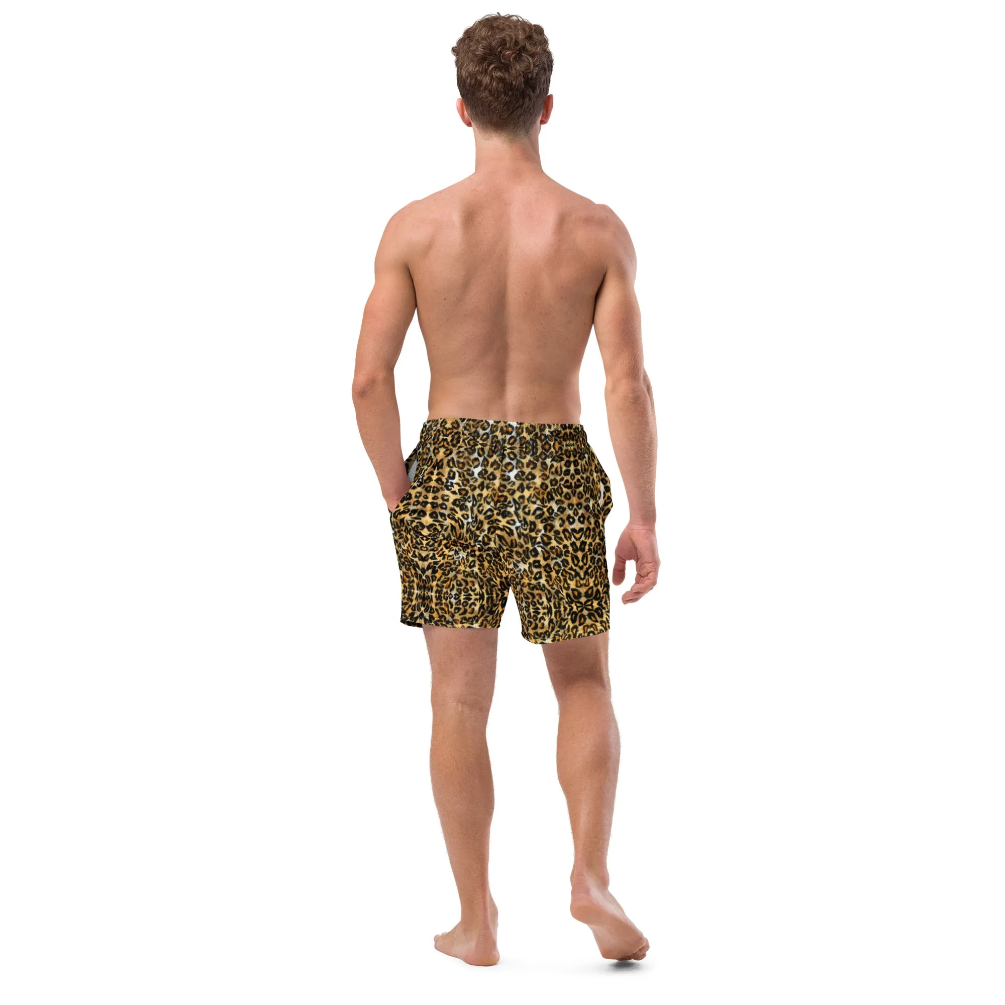 Brown Leopard Men's Swim Trunks, Leopard Animal Print Cute Quick Drying Comfortable Swim Trunks For Men - Made in USA/EU/MX