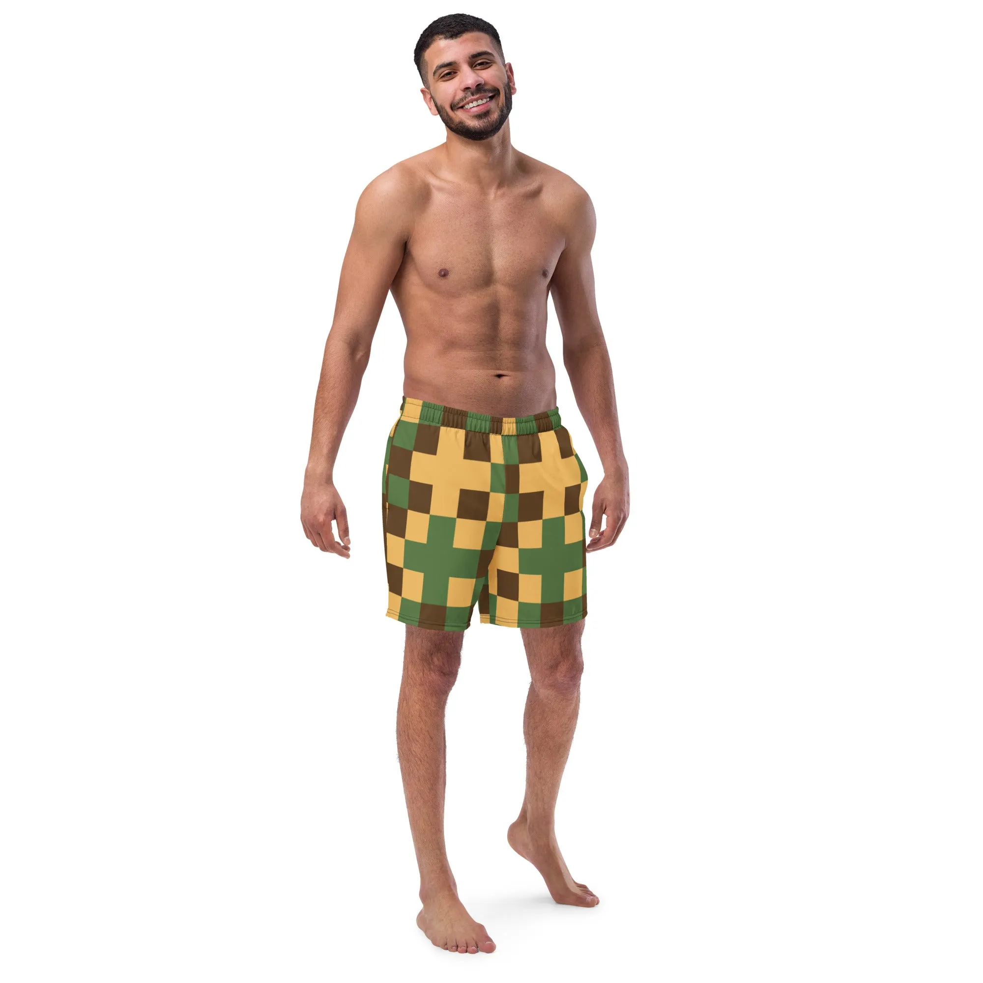 Cross Pattern Men's Swim Trunks, Abstract Print Quick Drying Comfortable Swim Trunks For Men - Made in USA/EU/MX