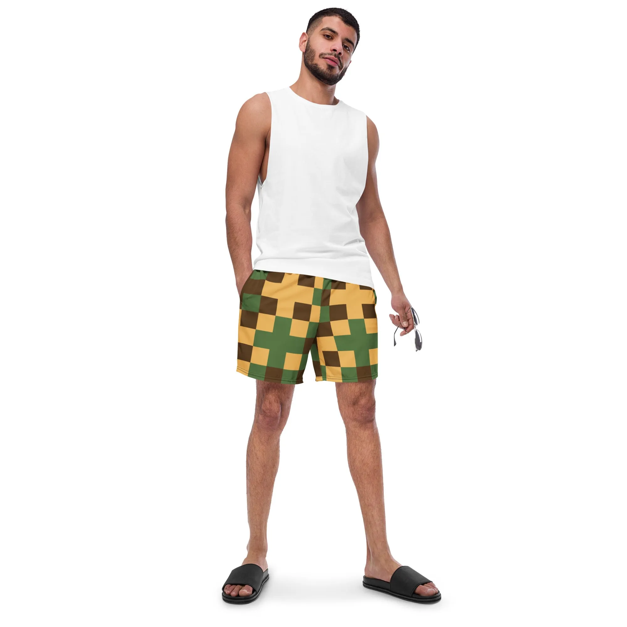 Cross Pattern Men's Swim Trunks, Abstract Print Quick Drying Comfortable Swim Trunks For Men - Made in USA/EU/MX