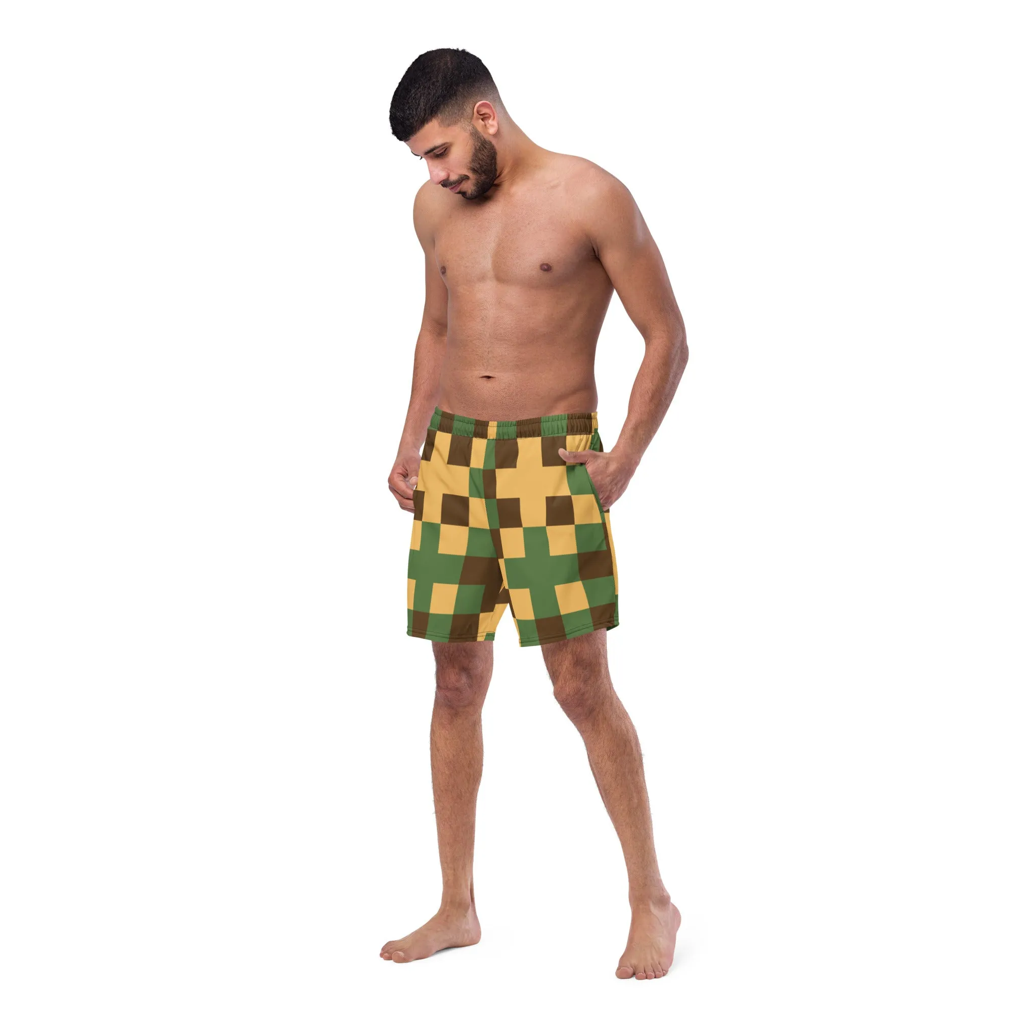 Cross Pattern Men's Swim Trunks, Abstract Print Quick Drying Comfortable Swim Trunks For Men - Made in USA/EU/MX