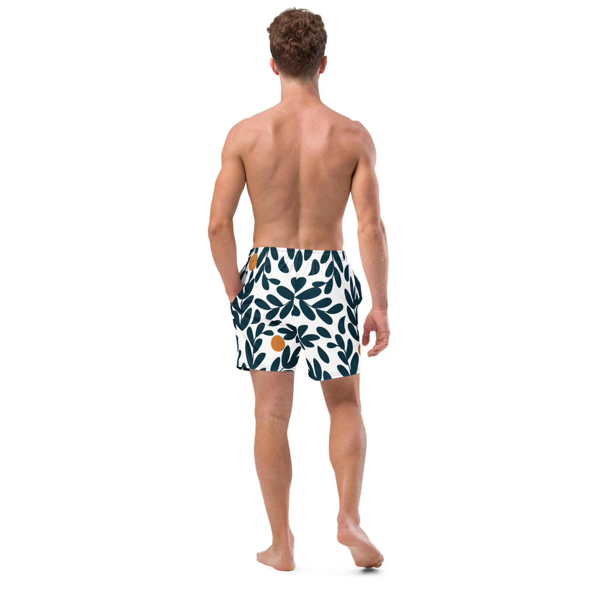 Green Floral Men's Swim Trunks, Flower Print Cute Quick Drying Comfortable Swim Trunks For Men - Made in USA/EU/MX