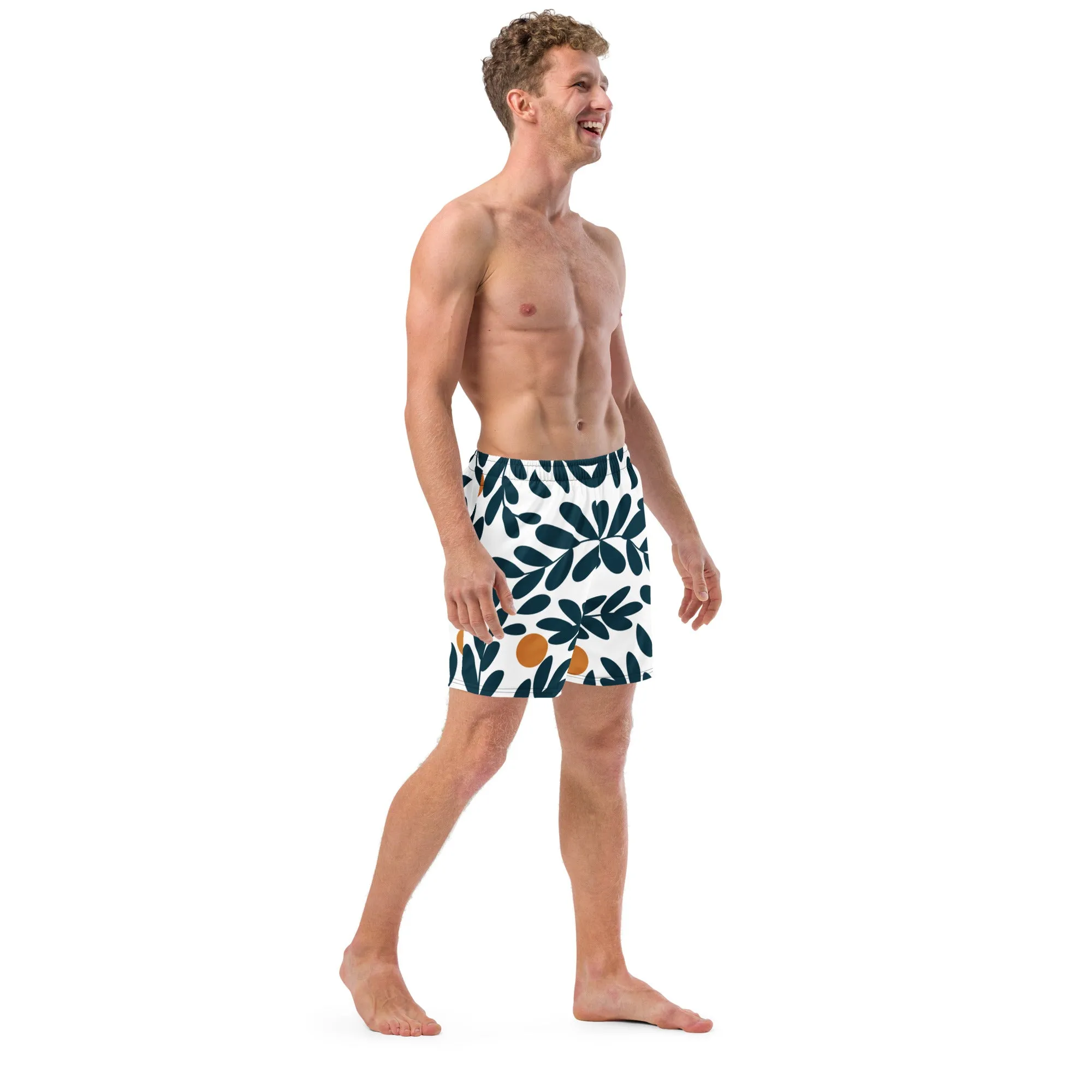 Green Floral Men's Swim Trunks, Flower Print Cute Quick Drying Comfortable Swim Trunks For Men - Made in USA/EU/MX