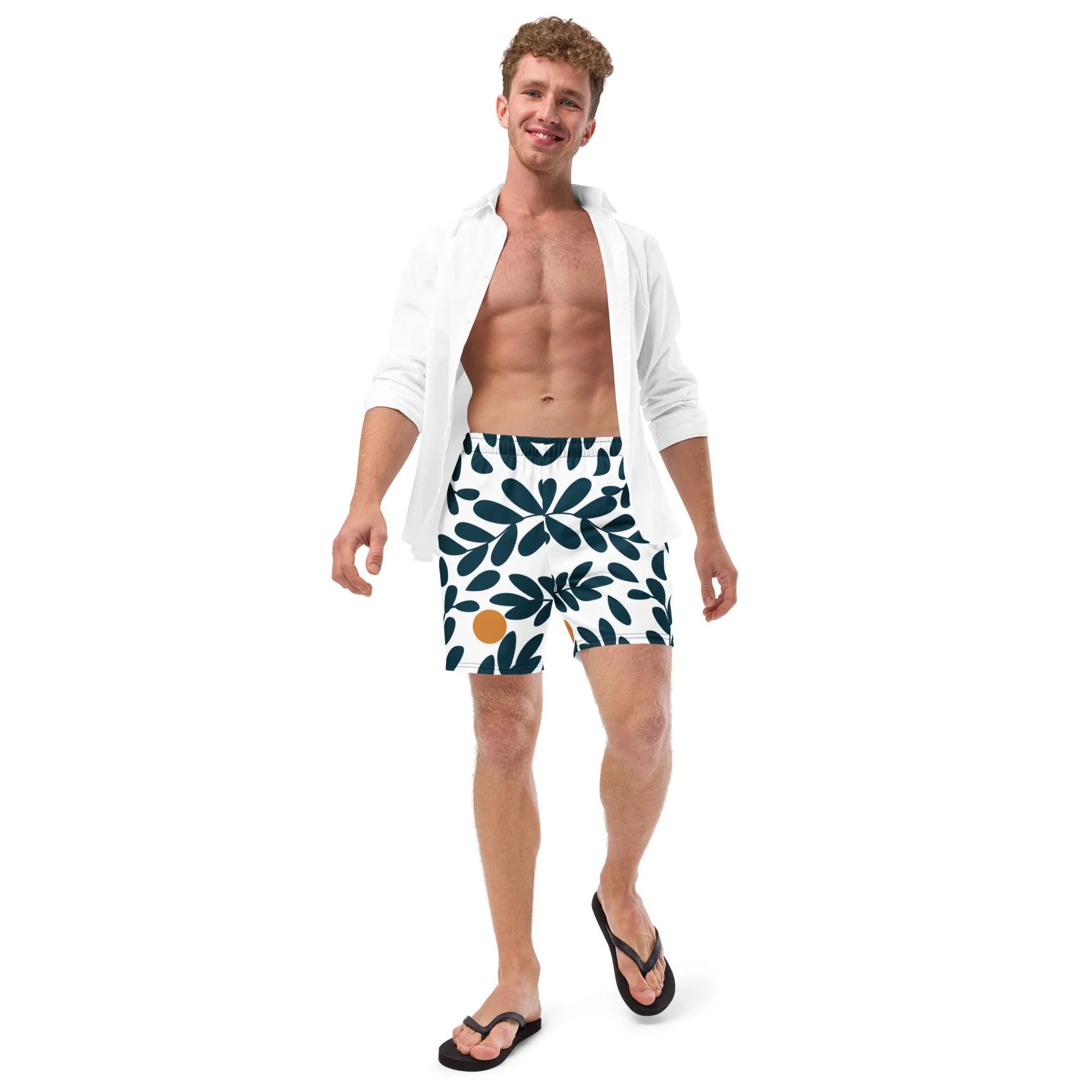 Green Floral Men's Swim Trunks, Flower Print Cute Quick Drying Comfortable Swim Trunks For Men - Made in USA/EU/MX