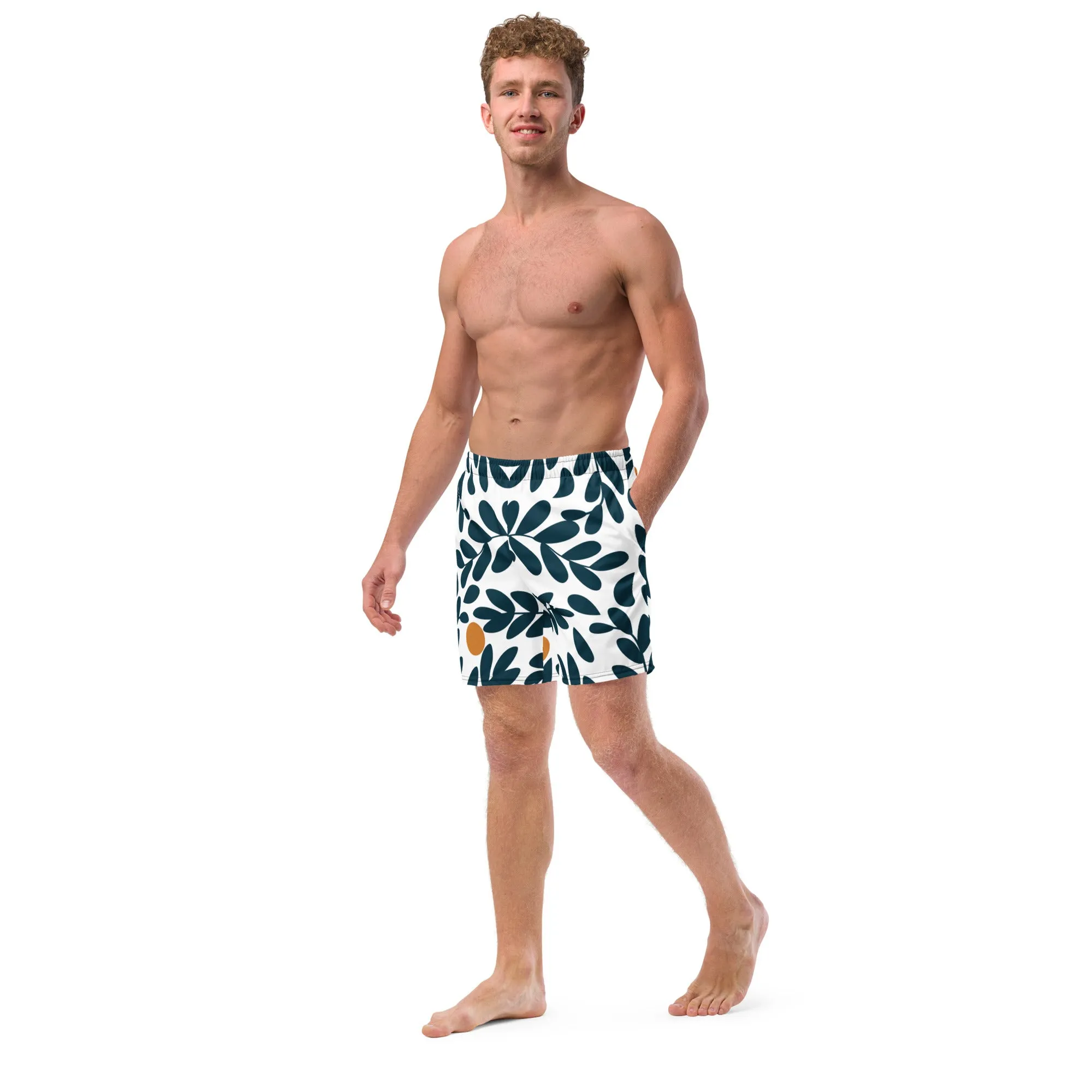 Green Floral Men's Swim Trunks, Flower Print Cute Quick Drying Comfortable Swim Trunks For Men - Made in USA/EU/MX