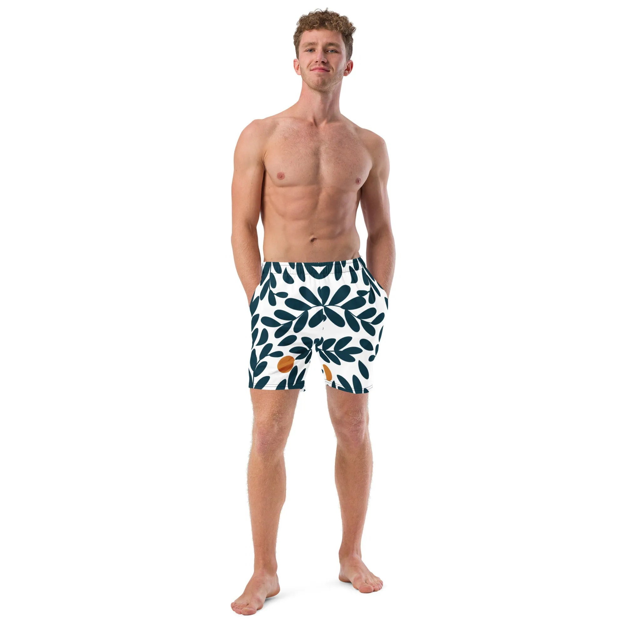 Green Floral Men's Swim Trunks, Flower Print Cute Quick Drying Comfortable Swim Trunks For Men - Made in USA/EU/MX