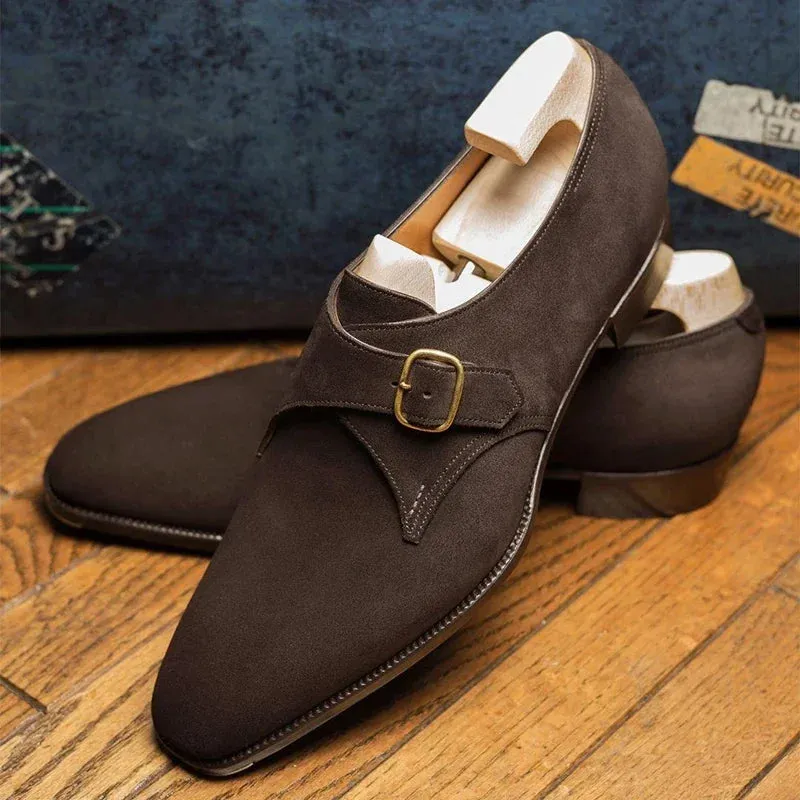 Hnzxzm Men Suede Loafers Brown Buckle Breathable Casual Shoes Coffee Black Flock Dreess Shoes for Men  Handmade Men Shoes
