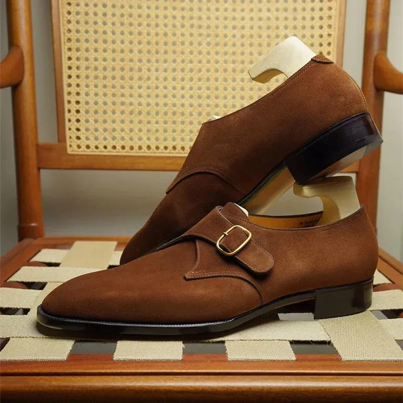 Hnzxzm Men Suede Loafers Brown Buckle Breathable Casual Shoes Coffee Black Flock Dreess Shoes for Men  Handmade Men Shoes