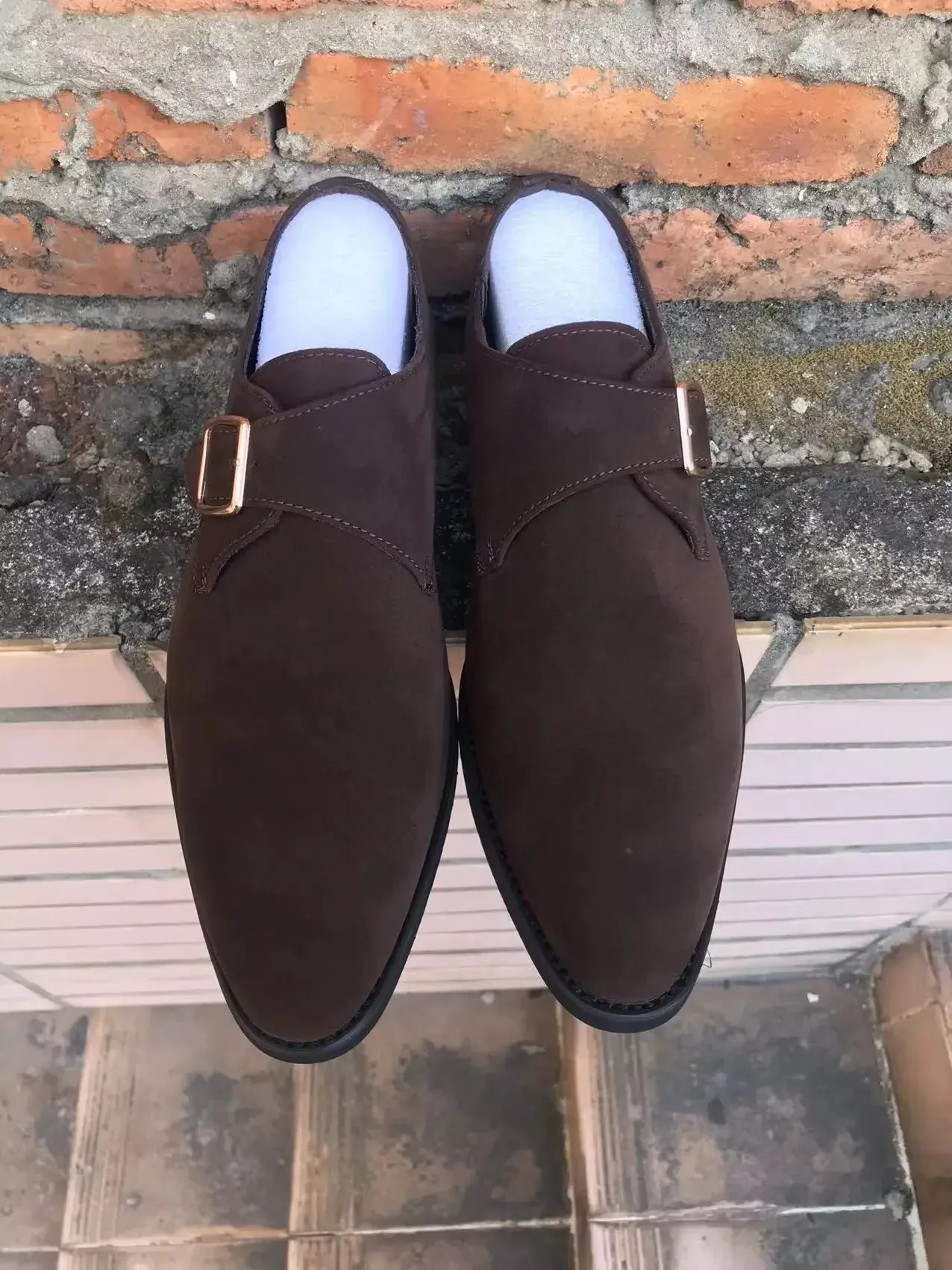 Hnzxzm Men Suede Loafers Brown Buckle Breathable Casual Shoes Coffee Black Flock Dreess Shoes for Men  Handmade Men Shoes