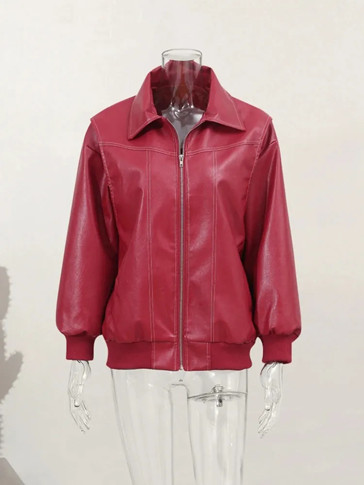 JOSKAA Women Red Lapel Zipper Leather Cropped Coat Autumn Casual Long Sleeve Patchwork Jacket 2024 Winter Fashion New Office Streetwear
