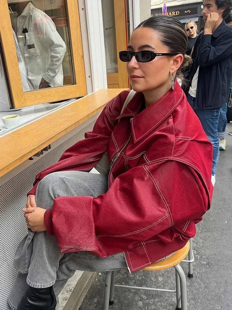JOSKAA Women Red Lapel Zipper Leather Cropped Coat Autumn Casual Long Sleeve Patchwork Jacket 2024 Winter Fashion New Office Streetwear