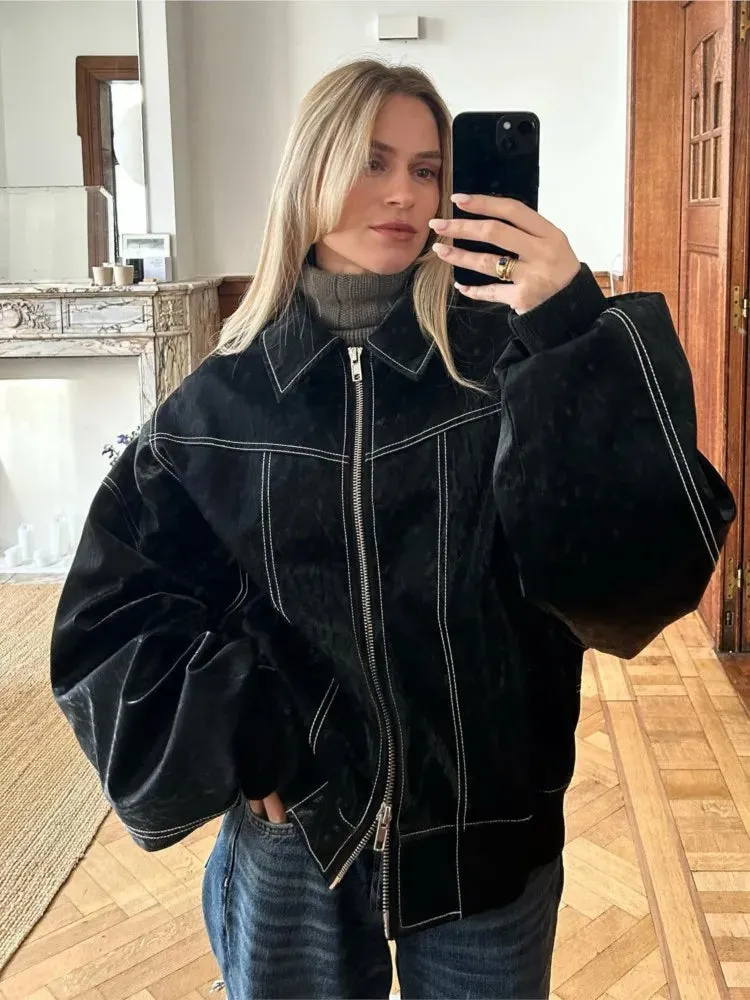 JOSKAA Women Red Lapel Zipper Leather Cropped Coat Autumn Casual Long Sleeve Patchwork Jacket 2024 Winter Fashion New Office Streetwear