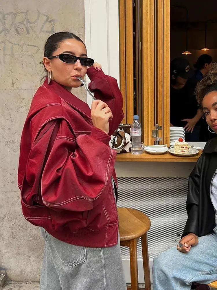 JOSKAA Women Red Lapel Zipper Leather Cropped Coat Autumn Casual Long Sleeve Patchwork Jacket 2024 Winter Fashion New Office Streetwear