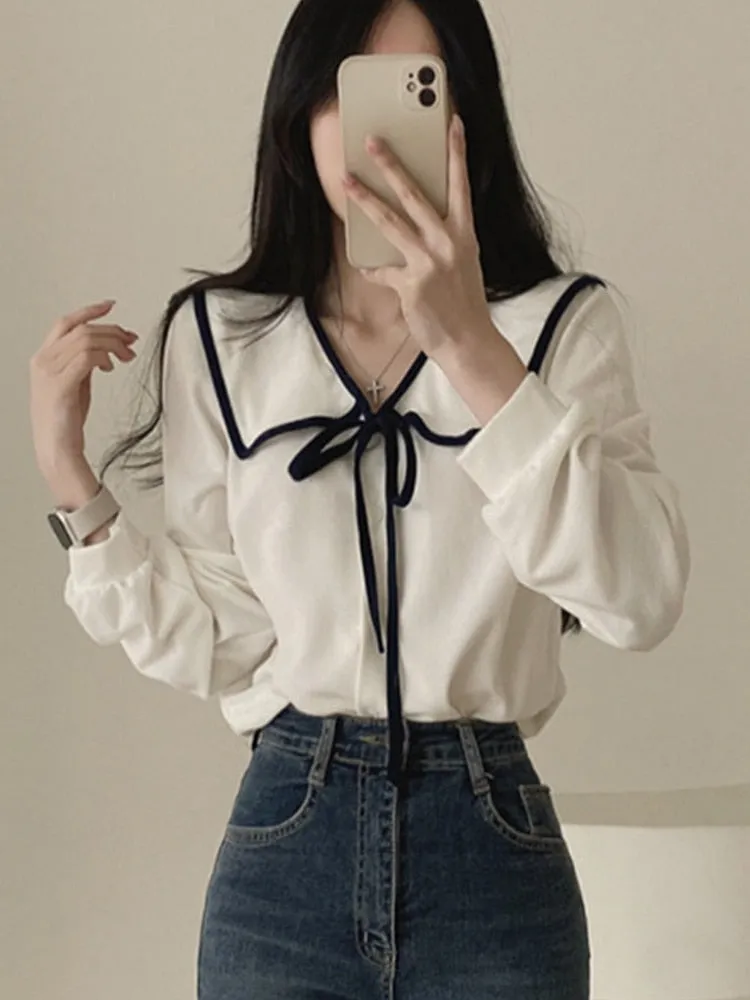 Joskaa Women Shirts Autumn Long Sleeve Top Ladies Sweet Lace Up Doll Collar Shirt Female Korean Style Elegant Single Breasted Blouse