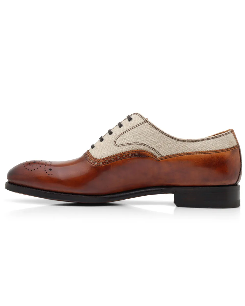 Leather and Raffia Perforated Laceup in Cognac