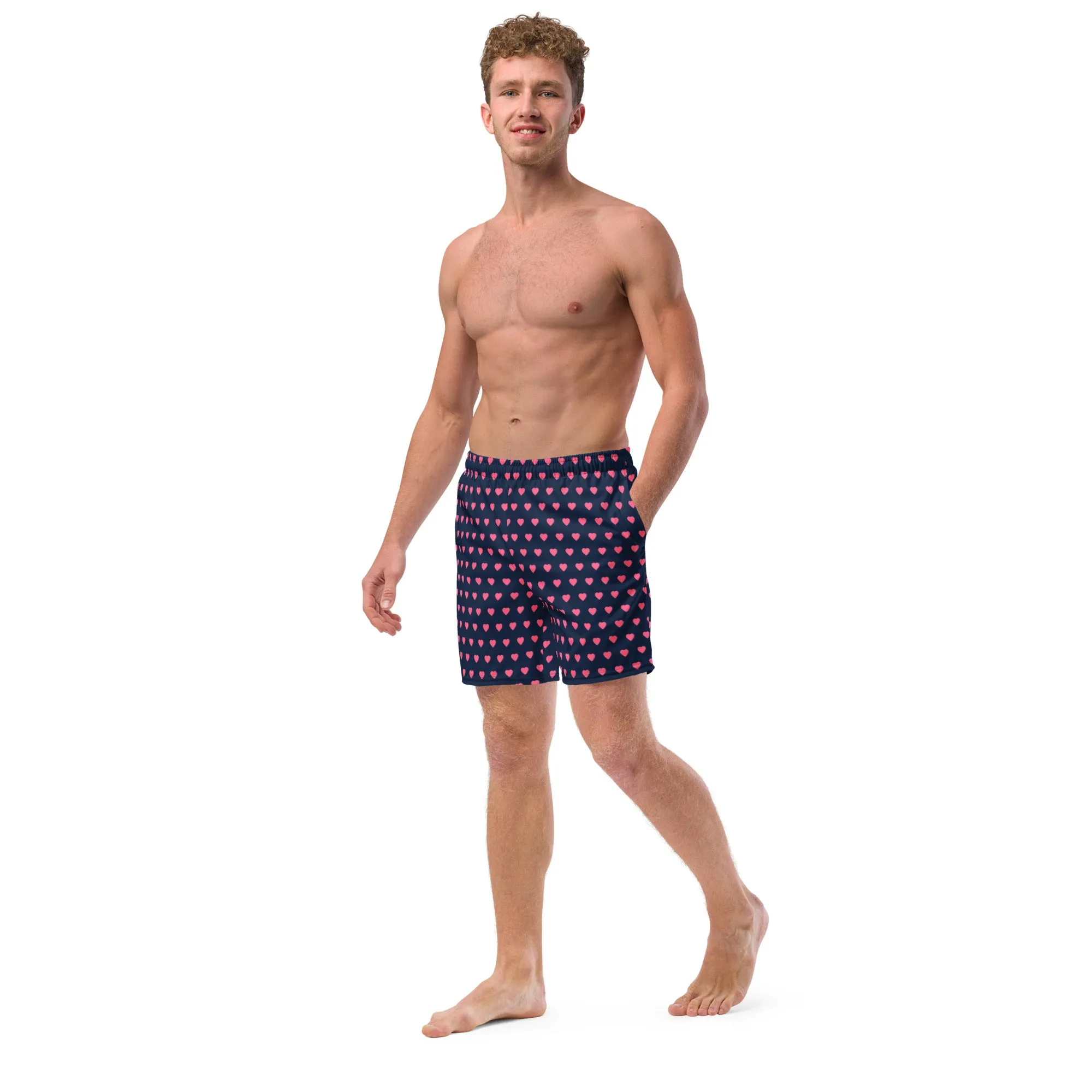 Pink Hearts Men's Swim Trunks, Valentine's Day Print Cute Quick Drying Comfortable Swim Trunks For Men - Made in USA/EU/MX