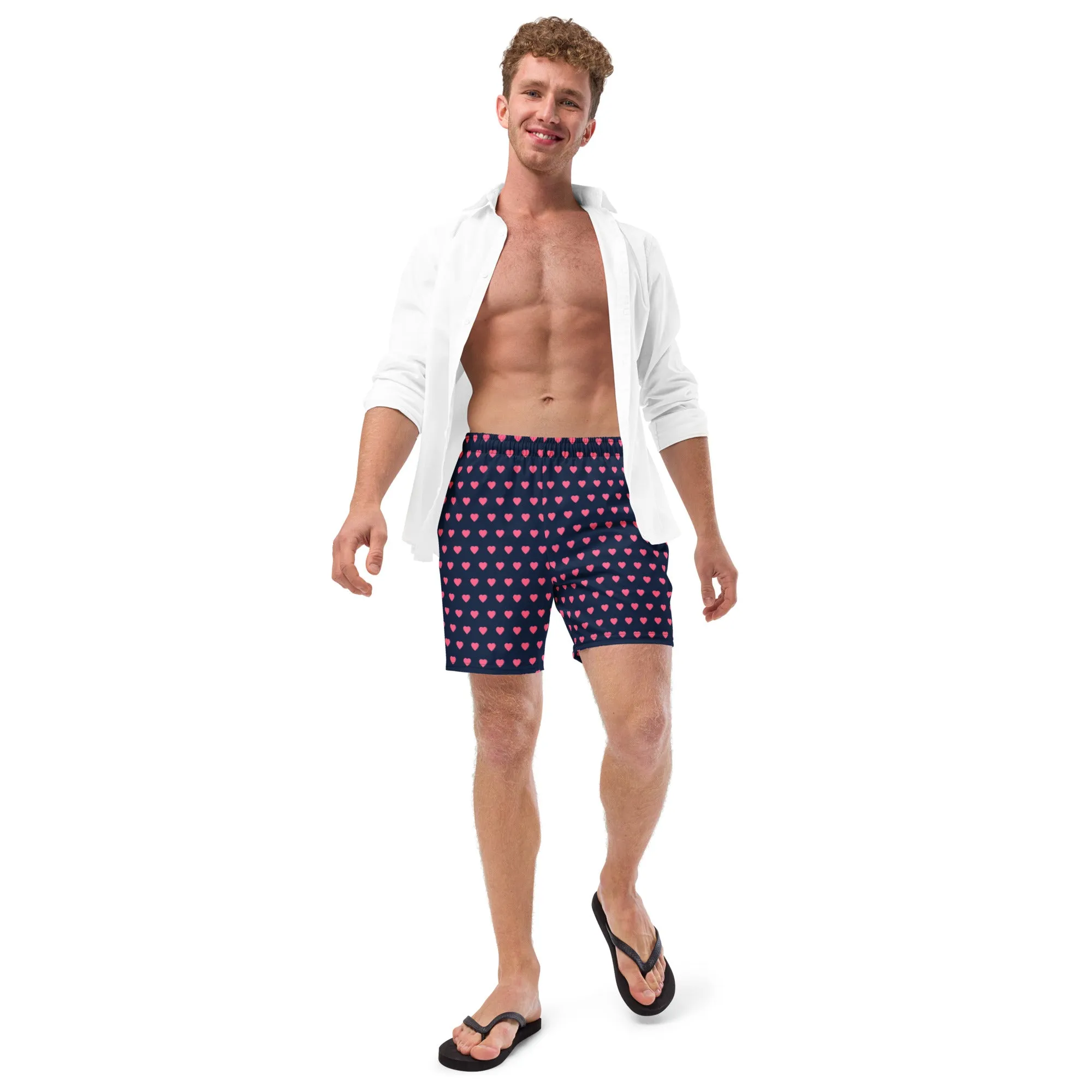 Pink Hearts Men's Swim Trunks, Valentine's Day Print Cute Quick Drying Comfortable Swim Trunks For Men - Made in USA/EU/MX