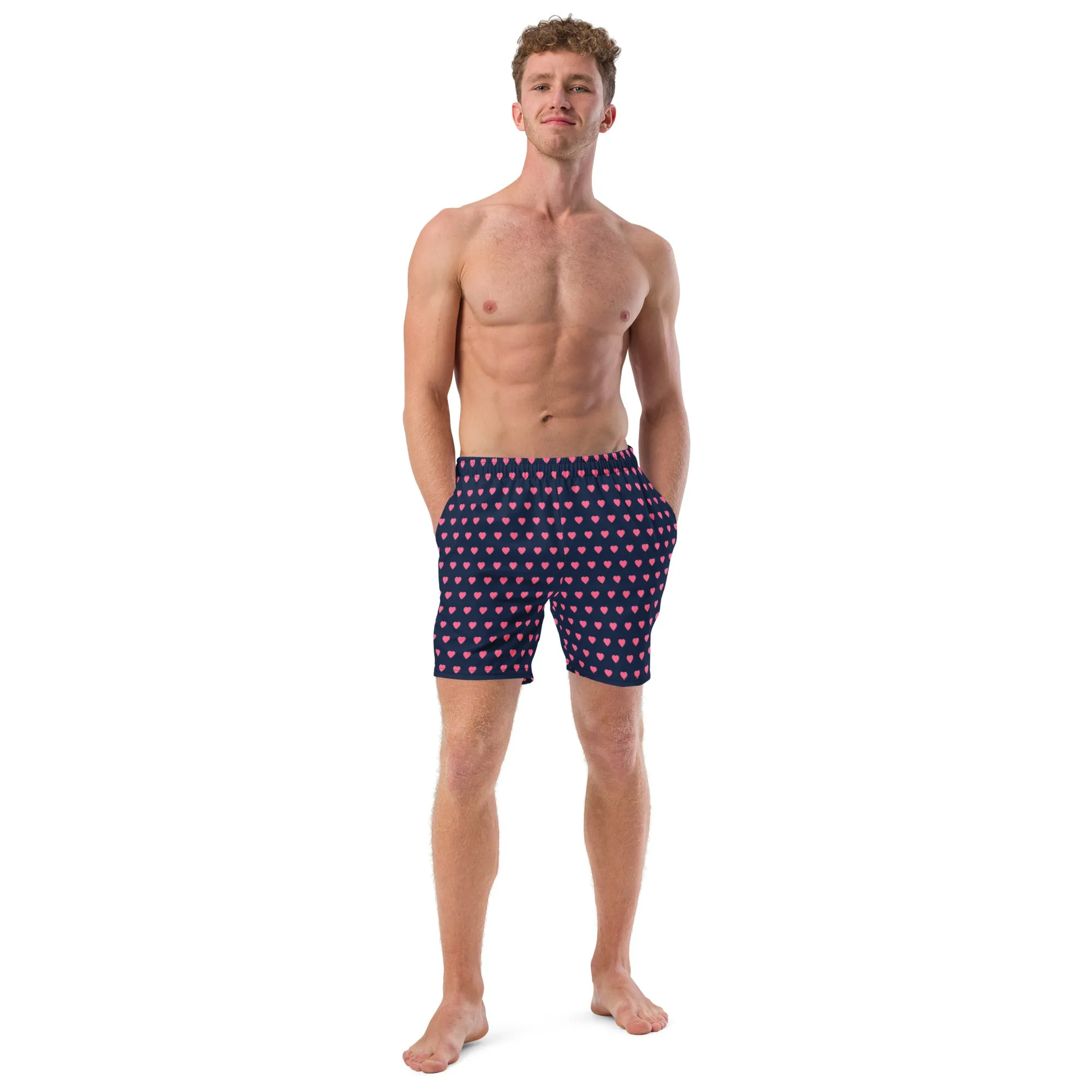 Pink Hearts Men's Swim Trunks, Valentine's Day Print Cute Quick Drying Comfortable Swim Trunks For Men - Made in USA/EU/MX
