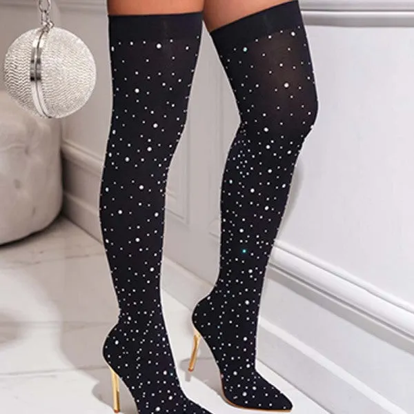 Purpdrank - Black Casual Patchwork Rhinestone Pointed Out Door Shoes (Heel Height 4.33in)