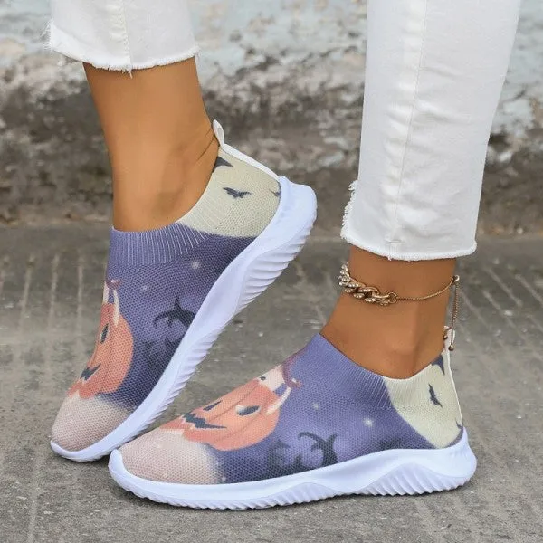 Purpdrank - Halloween White Casual Patchwork Printing Round Comfortable Shoes