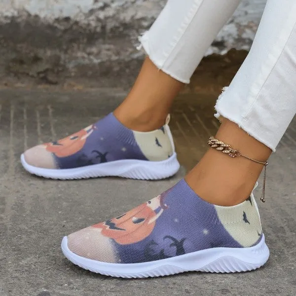 Purpdrank - Halloween White Casual Patchwork Printing Round Comfortable Shoes