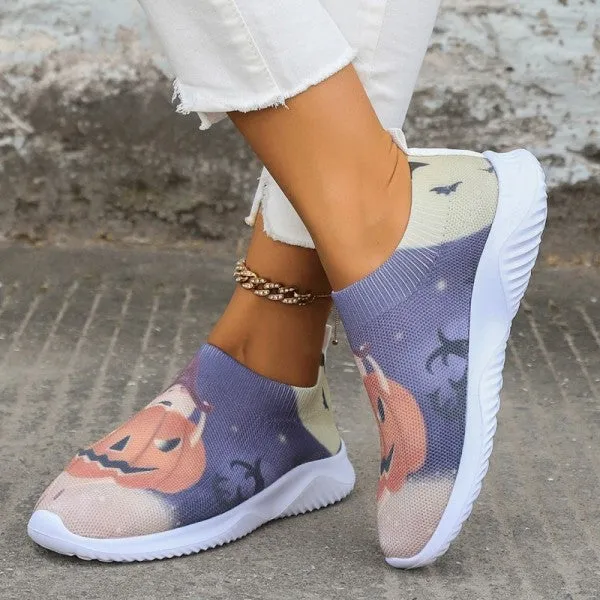 Purpdrank - Halloween White Casual Patchwork Printing Round Comfortable Shoes