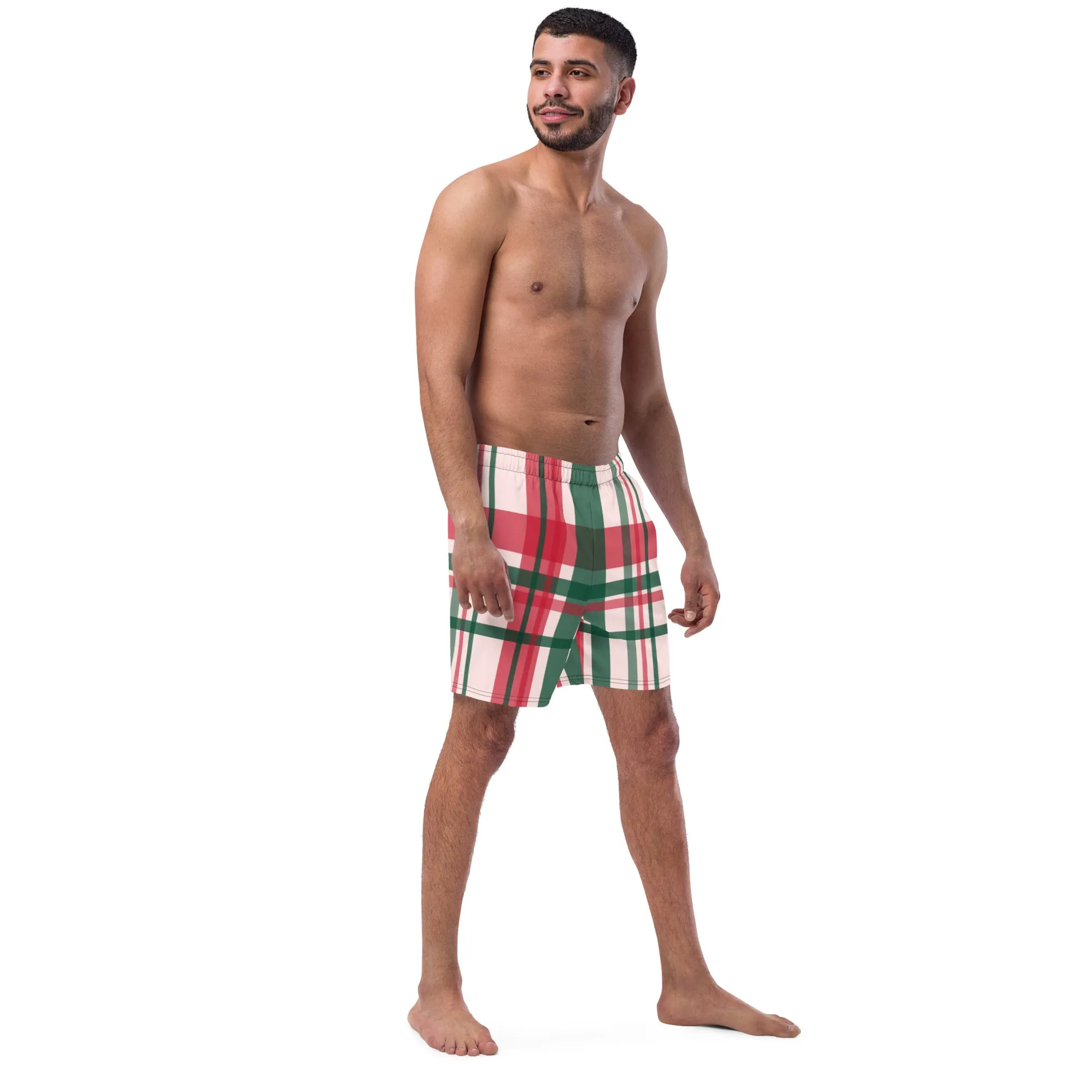 Red Green Plaid Men's Swimwear, Tartan Plaid Scottish Style Print Cute Quick Drying Comfortable Swim Trunks For Men - Made in USA/EU/MX