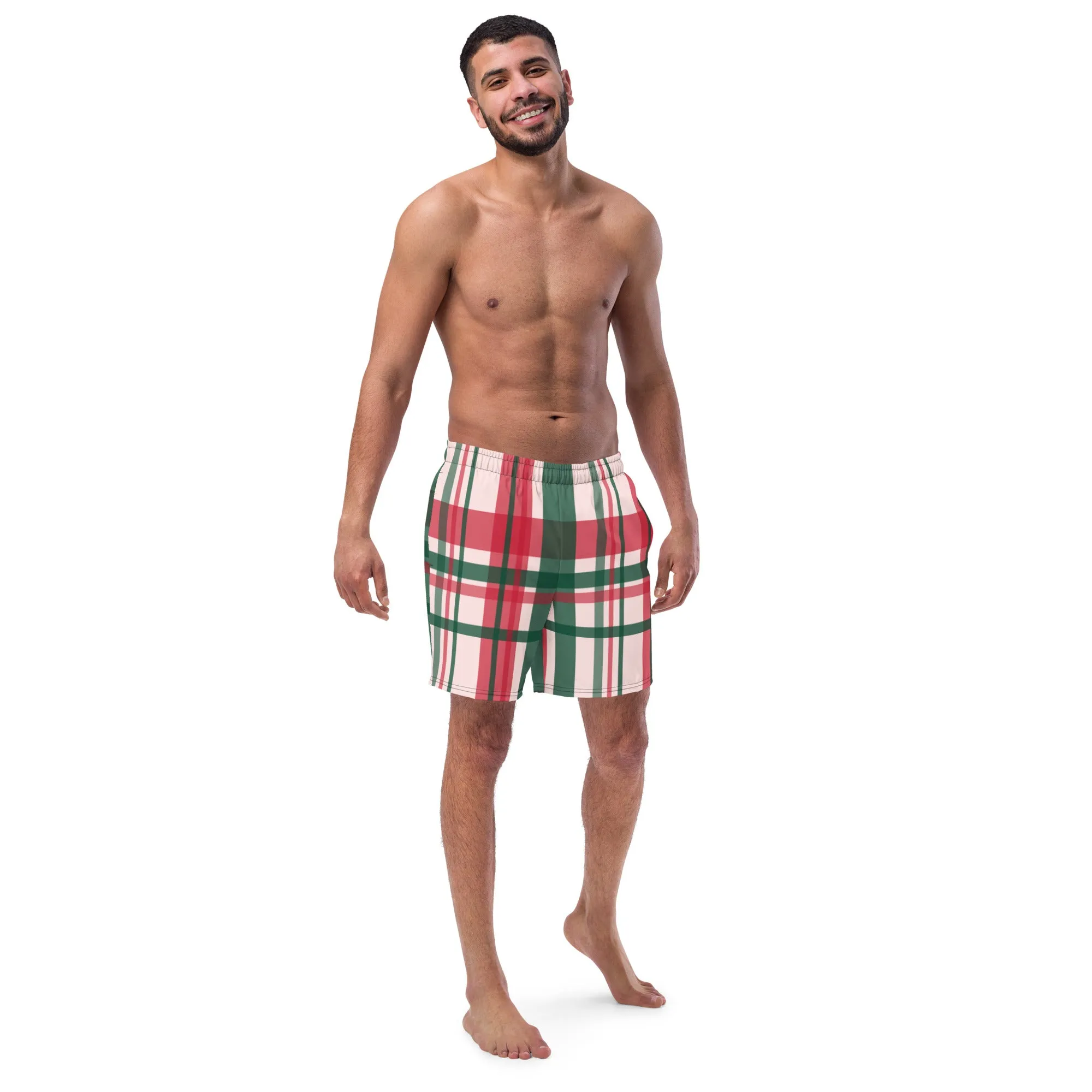Red Green Plaid Men's Swimwear, Tartan Plaid Scottish Style Print Cute Quick Drying Comfortable Swim Trunks For Men - Made in USA/EU/MX