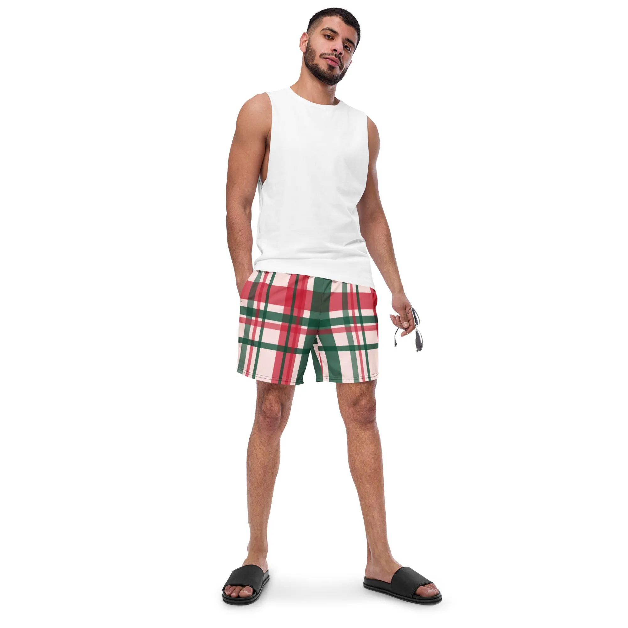 Red Green Plaid Men's Swimwear, Tartan Plaid Scottish Style Print Cute Quick Drying Comfortable Swim Trunks For Men - Made in USA/EU/MX
