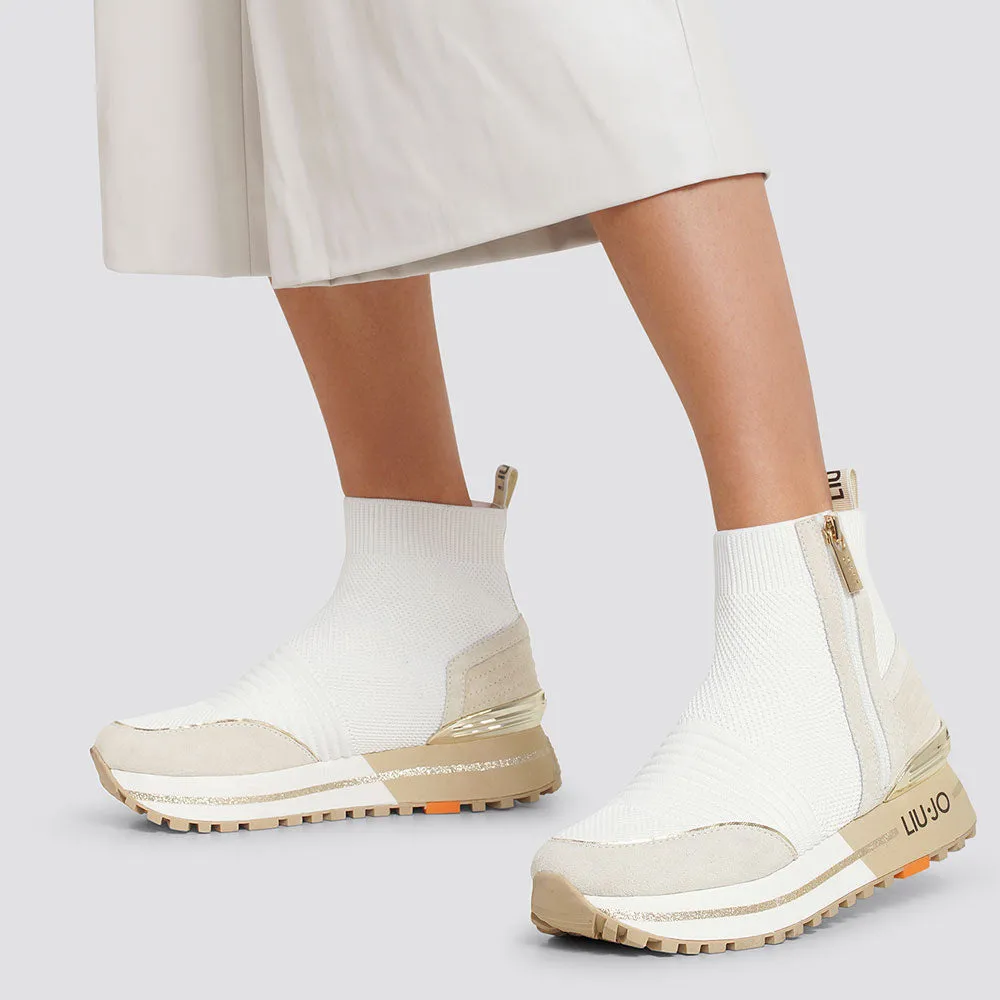 Scarpe Donna LIU JO Sneakers Alte a Calzino in Tessuto Stretch e Inserti in Suede colore Bianco