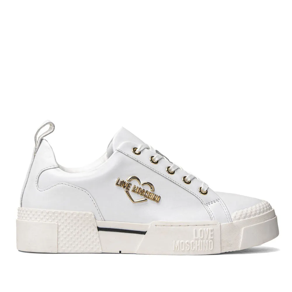 Scarpe Donna LOVE MOSCHINO Sneakers Platform in Pelle Bianca linea Gold Metal Logo JA15625