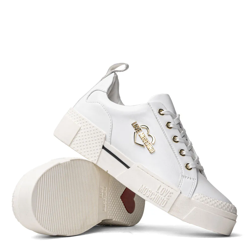 Scarpe Donna LOVE MOSCHINO Sneakers Platform in Pelle Bianca linea Gold Metal Logo JA15625