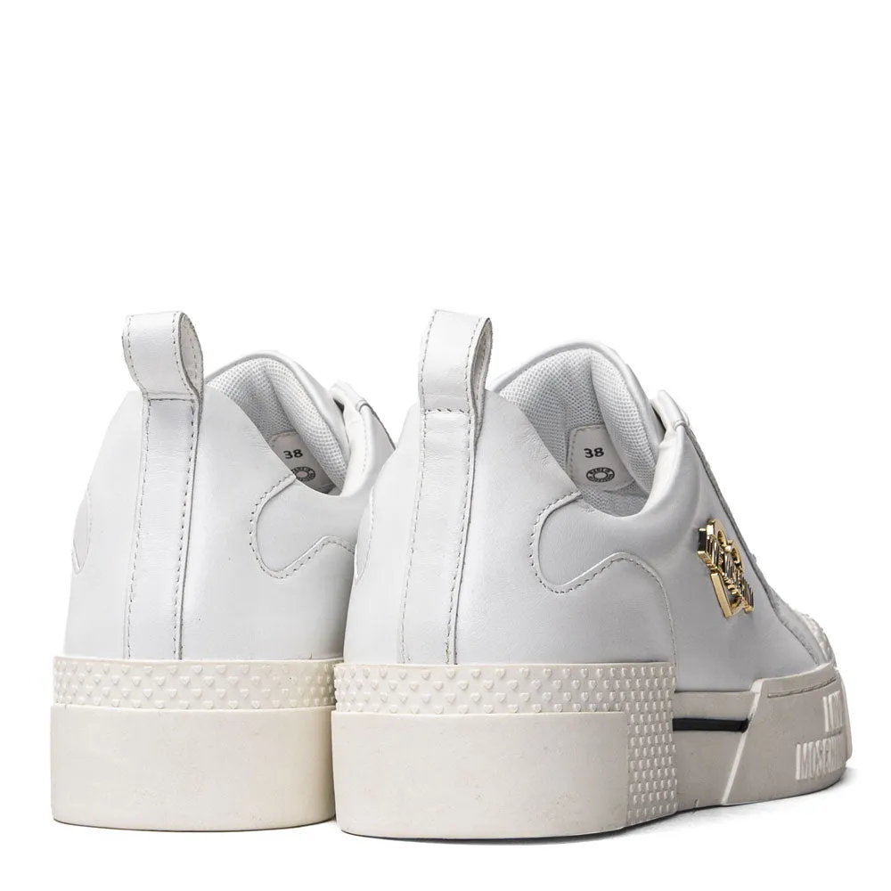 Scarpe Donna LOVE MOSCHINO Sneakers Platform in Pelle Bianca linea Gold Metal Logo JA15625