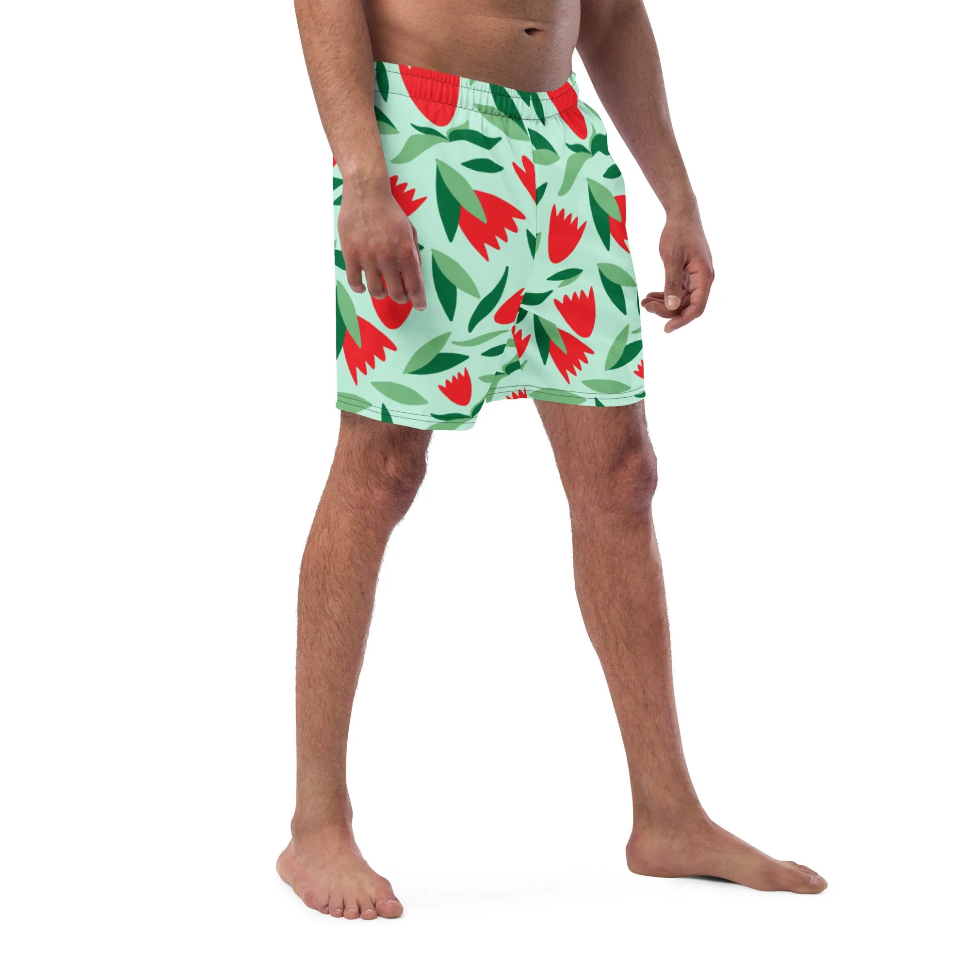 Tropical Designer Men's Swim Trunks, Flower Print Cute Quick Drying Comfortable Swim Trunks For Men - Made in USA/EU/MX