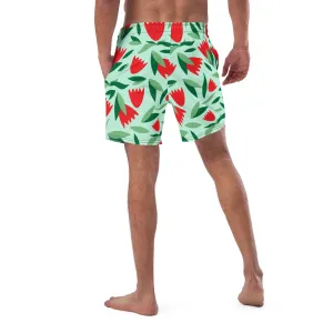 Tropical Designer Men's Swim Trunks, Flower Print Cute Quick Drying Comfortable Swim Trunks For Men - Made in USA/EU/MX