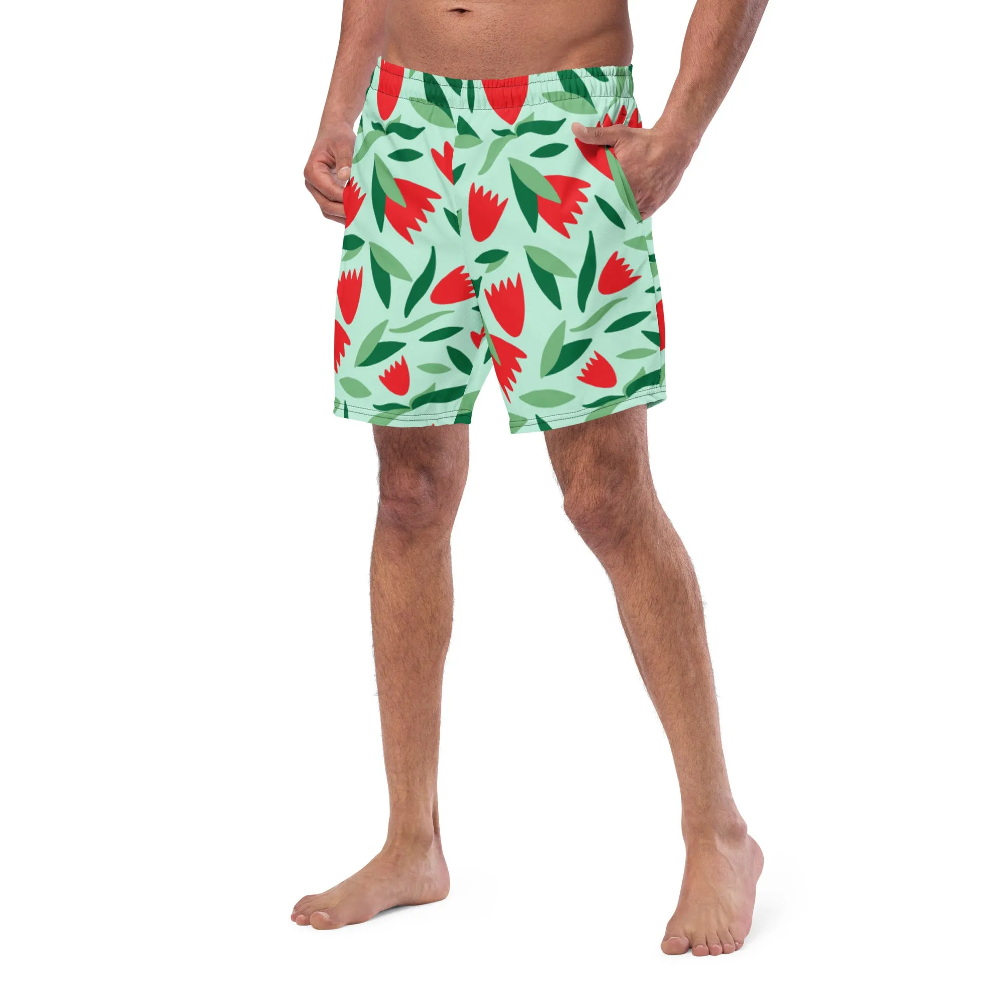 Tropical Designer Men's Swim Trunks, Flower Print Cute Quick Drying Comfortable Swim Trunks For Men - Made in USA/EU/MX