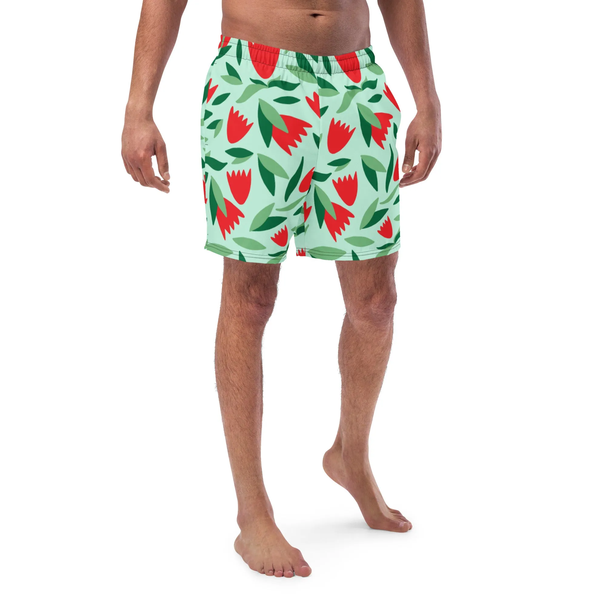Tropical Designer Men's Swim Trunks, Flower Print Cute Quick Drying Comfortable Swim Trunks For Men - Made in USA/EU/MX