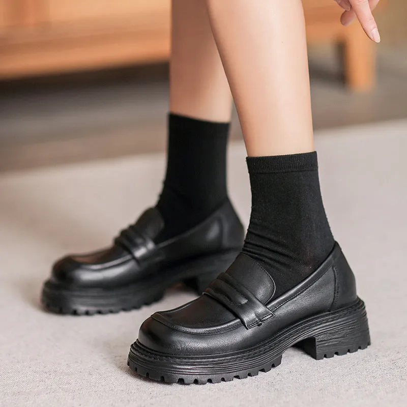 Women Casual Retro Leather Low Block Loafers