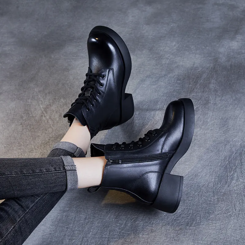 Women Patchwork Leather Casual Chunky Heel Boots