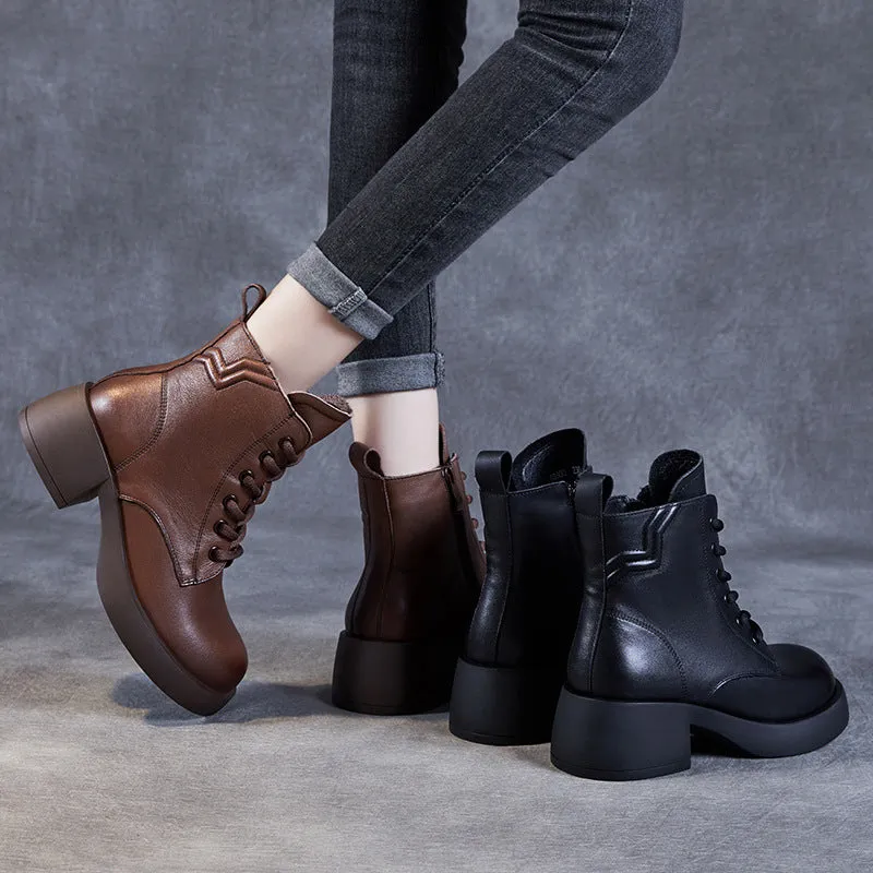 Women Patchwork Leather Casual Chunky Heel Boots
