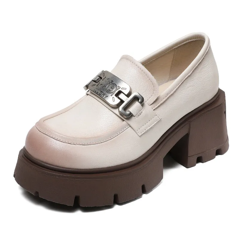 Women Retro Casual Leather Chunky Platform Loafers