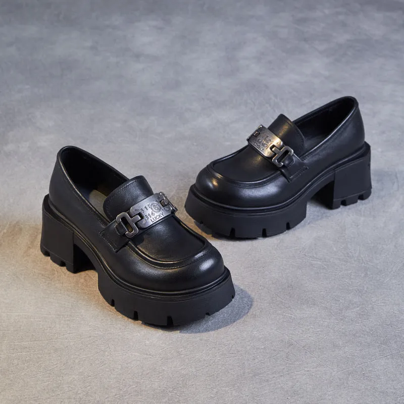 Women Retro Casual Leather Chunky Platform Loafers