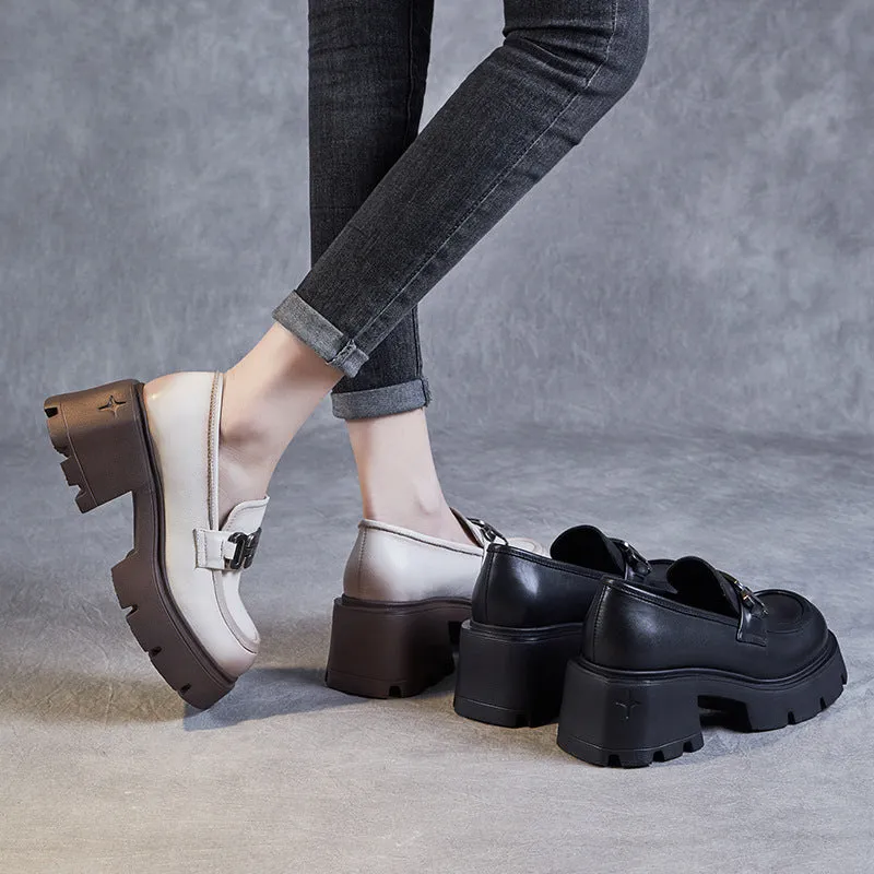 Women Retro Casual Leather Chunky Platform Loafers
