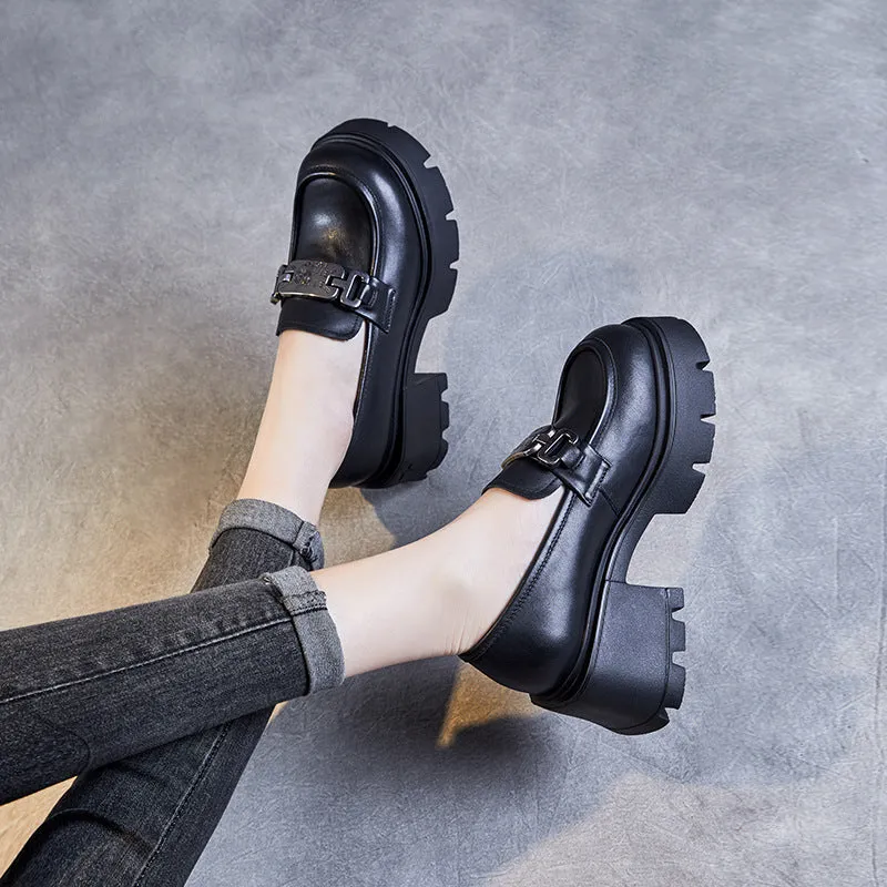 Women Retro Casual Leather Chunky Platform Loafers