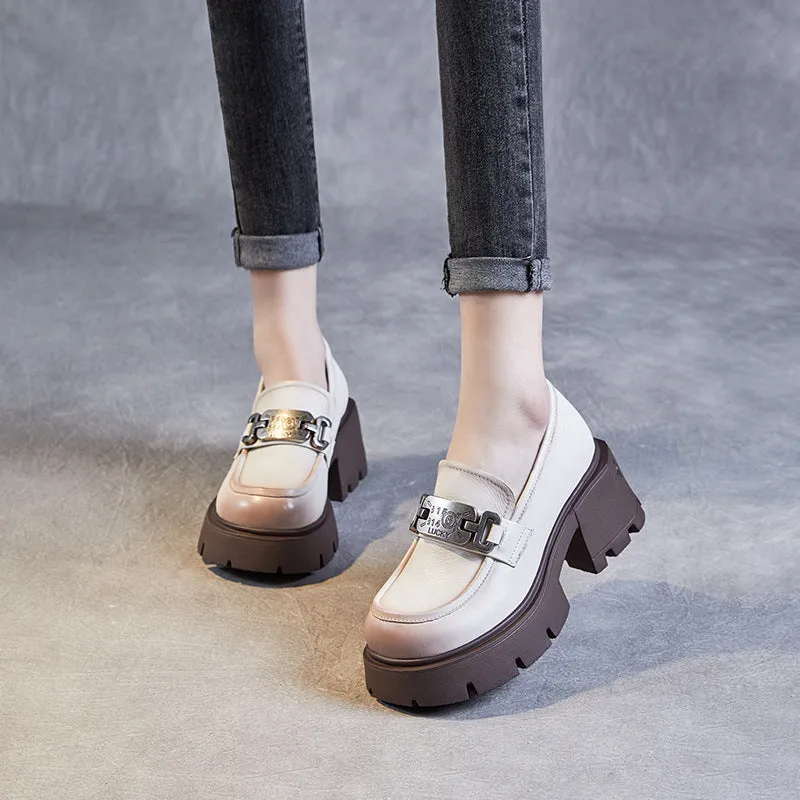Women Retro Casual Leather Chunky Platform Loafers
