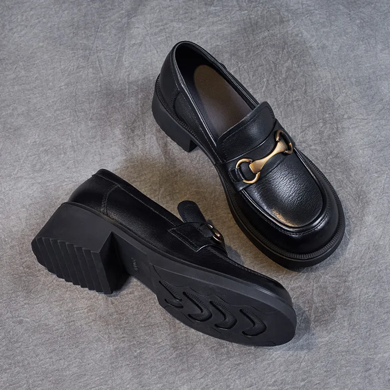 Women Retro Cowhide Thick Soled Casual Loafers