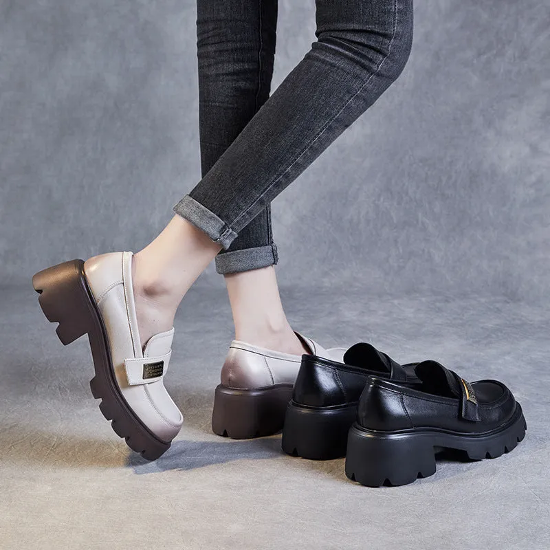 Women Retro Leather Chunky Platform Casual Loafers