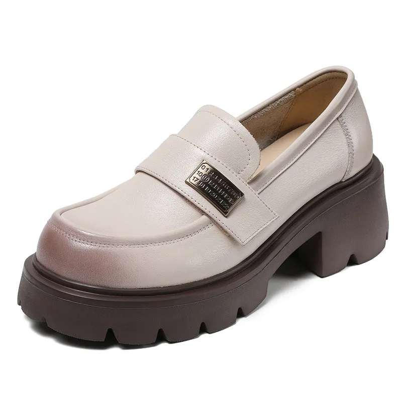 Women Retro Leather Chunky Platform Casual Loafers